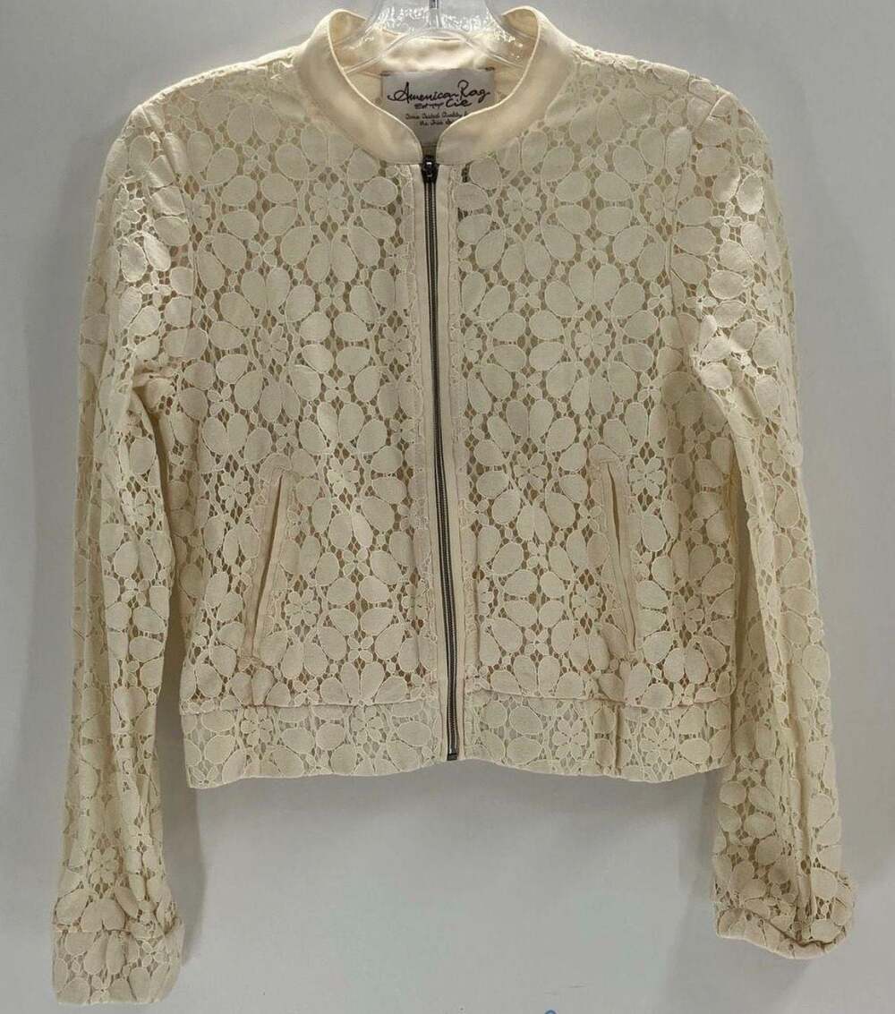 American Rag CIE Cream Floral Lace Zip-Up Bomber Jacket